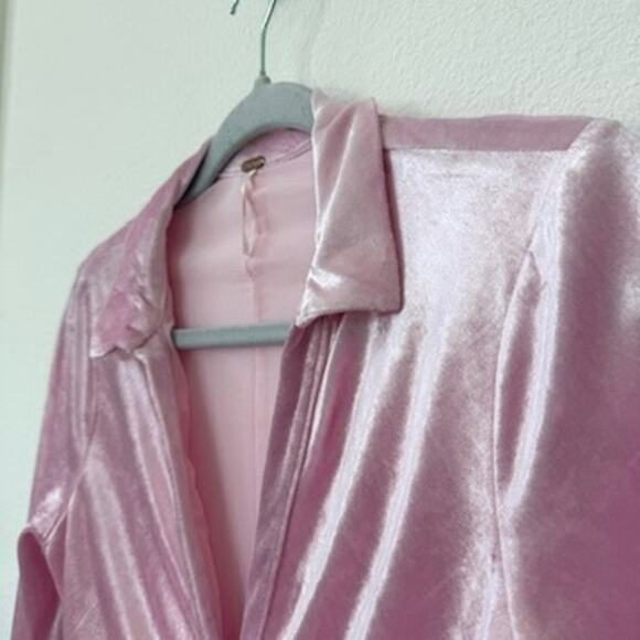 FREE PEOPLE Velvet Ruched Mini Dress Pink Collared Long Sleeve Bodycon XS Y2K - Picture 2 of 7